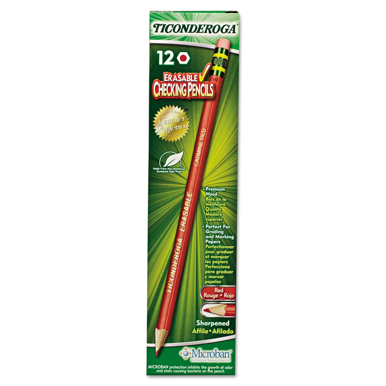 Dixon Ticonderoga Erasable Colored Pencils, 2.6 mm, 2B (#1), Carmine Red Lead, Carmine Red Barrel, Dozen